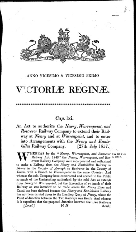 Newry, Warrenpoint and Rostrevor Railway Amendment Act 1857