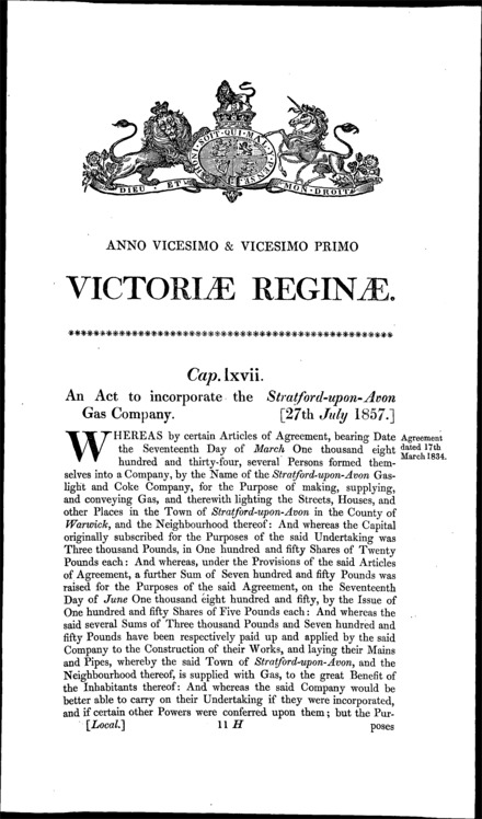Stratford-upon-Avon Gas Act 1857