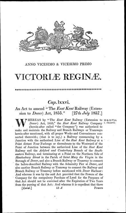 East Kent Railway (Extension to Dover) Amendment Act 1857