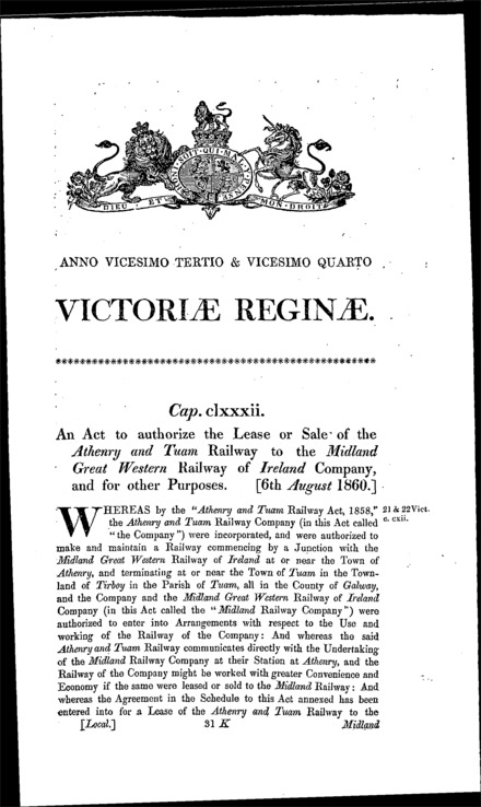 Athenry and Tuam Railway (Leasing or Sale) Act 1860