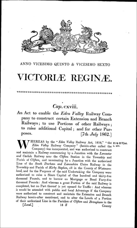 Eden Valley Railway Act 1862