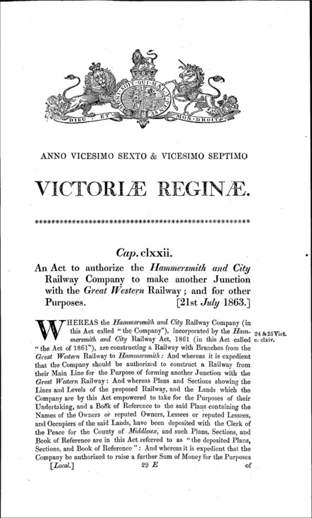 Hammersmith and City Junction Railway Act 1863