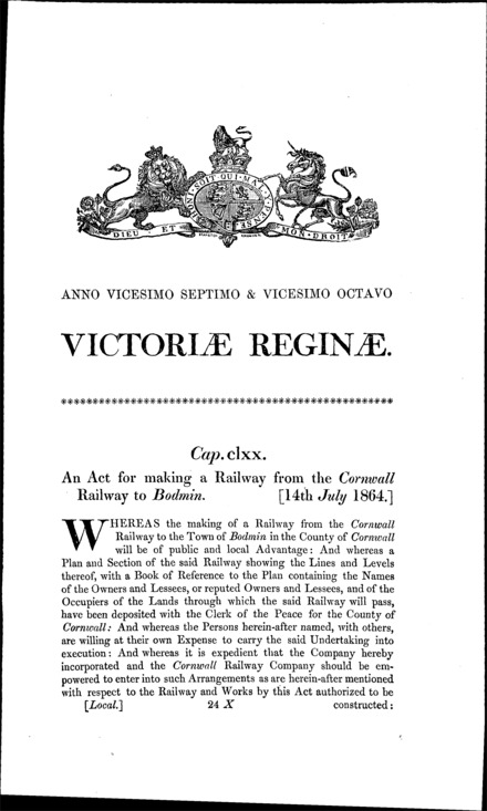 Bodmin Railway Act 1864