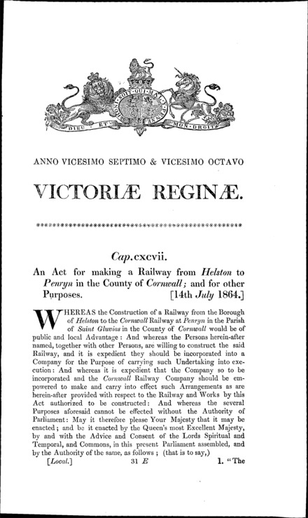 Helston and Penryn Junction Railway Act 1864