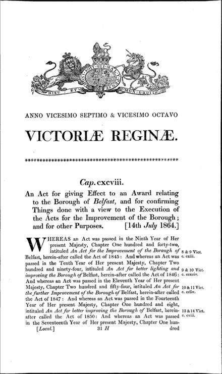 Belfast Award Act 1864