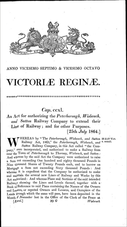 Peterborough, Wisbeach and Sutton Railway Act 1864
