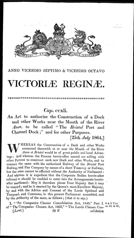 Bristol Port and Channel Dock Act 1864