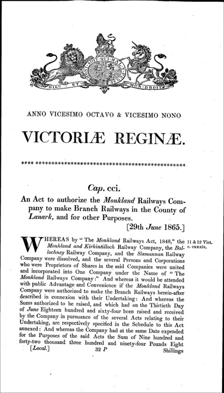 Monkland Railways (Branches) Act 1865