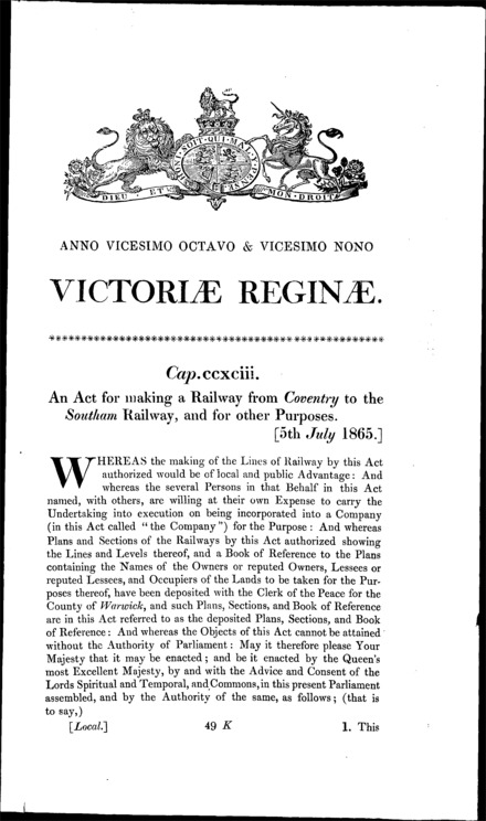 Coventry and Great Western Junction Railway Act 1865