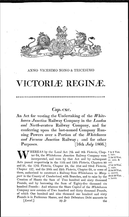 London and North Western Railway (Whitehaven Railway Transfer) Act 1866