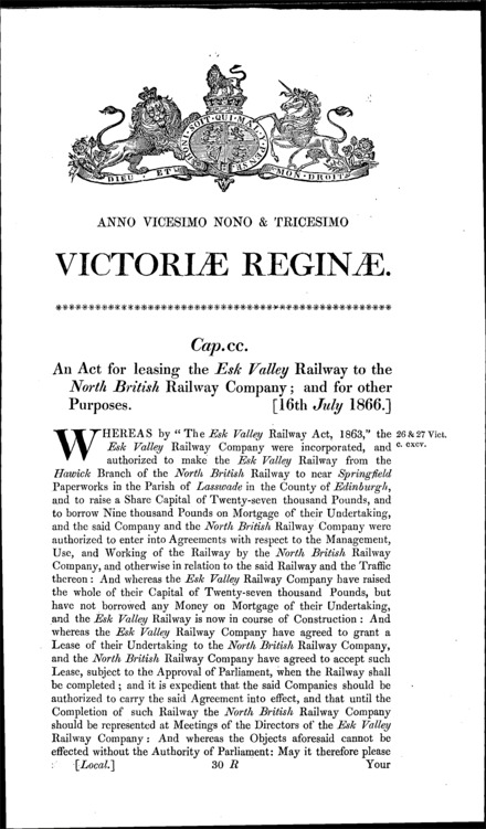 North British Railway (Esk Valley Lease) Act 1866