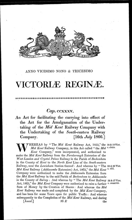 South Eastern Railway (Mid Kent Amalgamation Completion) Act 1866