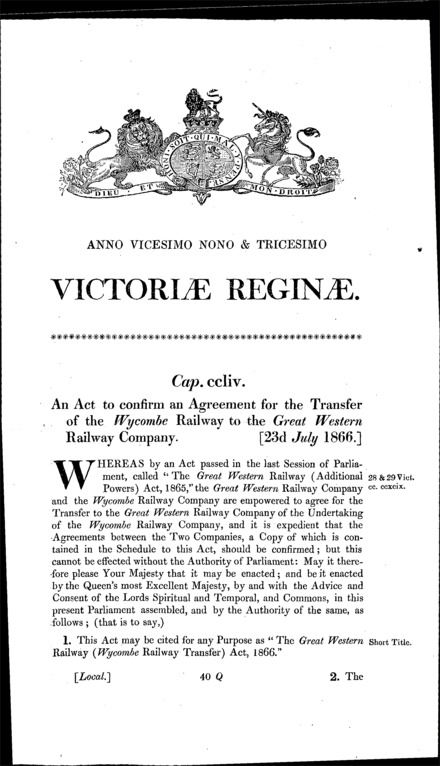 Great Western Railway (Wycombe Railway Transfer) Act 1866