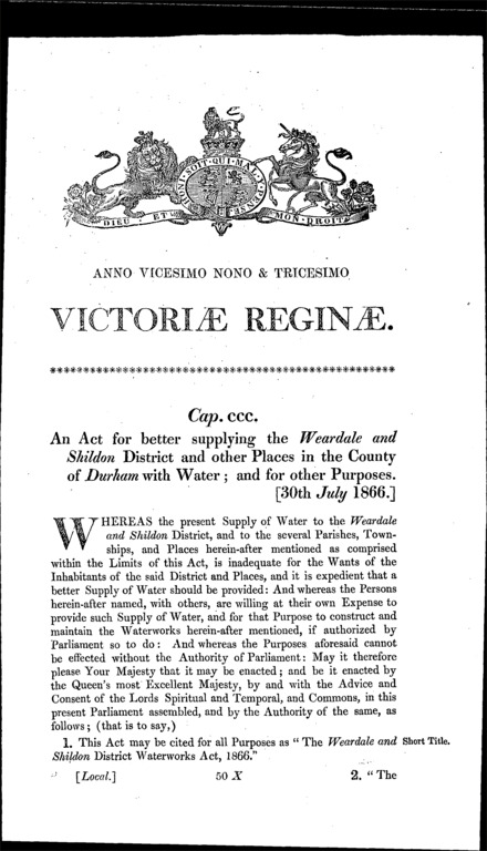 Weardale and Shildon District Waterworks Act 1866