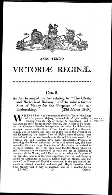 Chester and Birkenhead Railway Act 1840