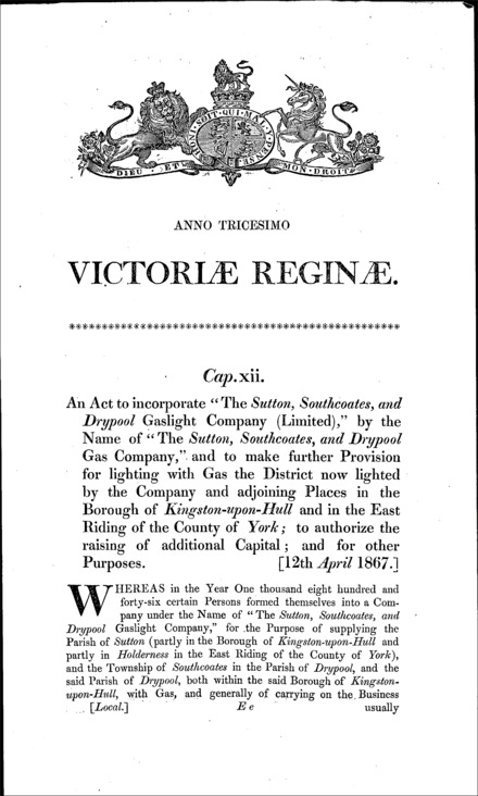 Sutton, Southcoates and Drypool Gas Act 1867