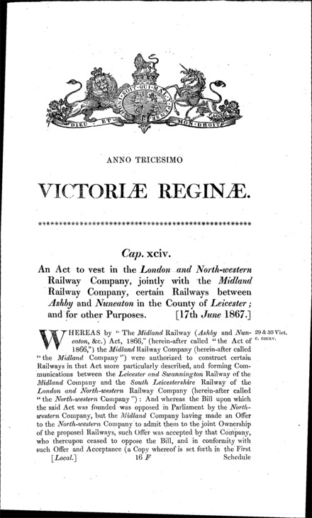 London and North Western Railway (Ashby and Nuneaton Lines) Act 1867