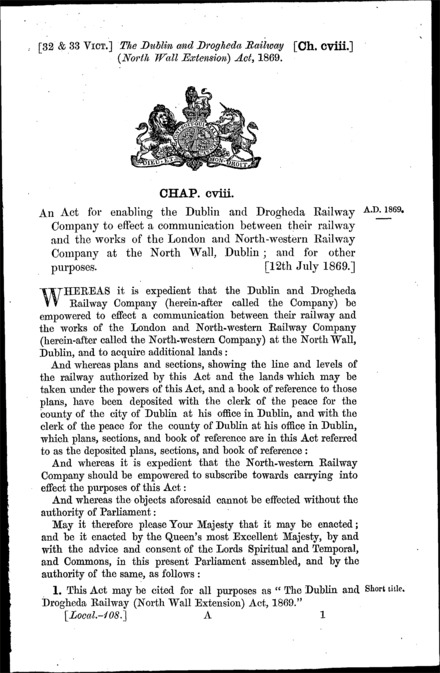 Dublin and Drogheda Railway (North Wall Extension) Act 1869