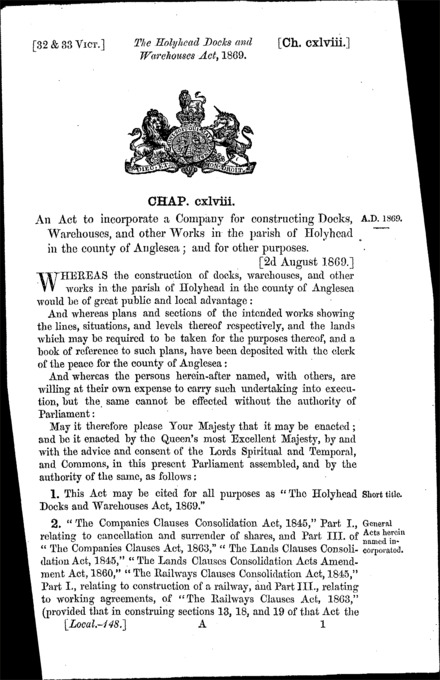 Holyhead Docks and Warehouses Act 1869