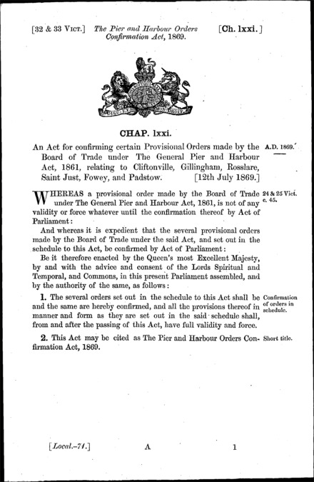 Pier and Harbour Orders Confirmation Act 1869