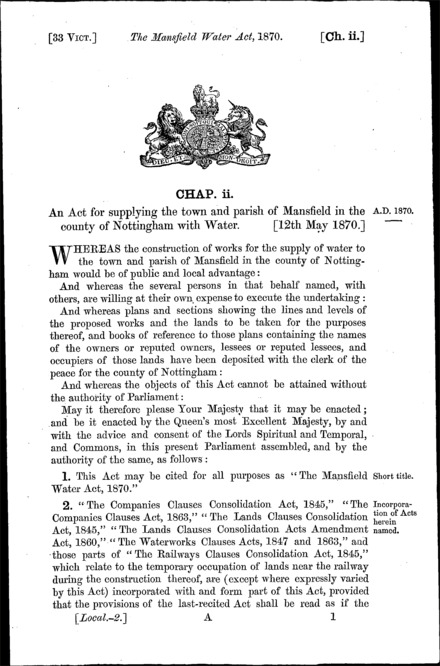 Mansfield Water Act 1870