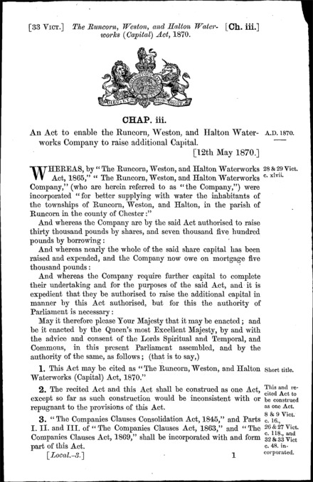 Runcorn, Weston and Halton Waterworks (Capital) Act 1870