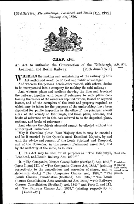 Edinburgh, Loanhead and Roslin Railway Act 1870