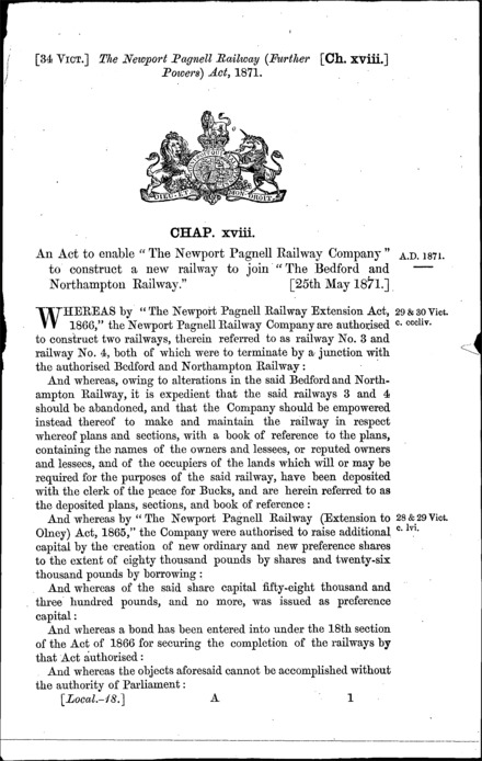 Newport Pagnell Railway (Further Powers) Act 1871