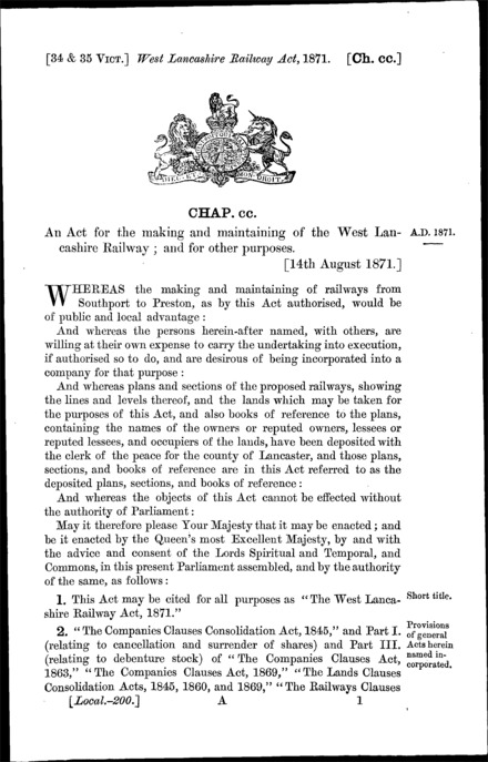 West Lancashire Railway Act 1871
