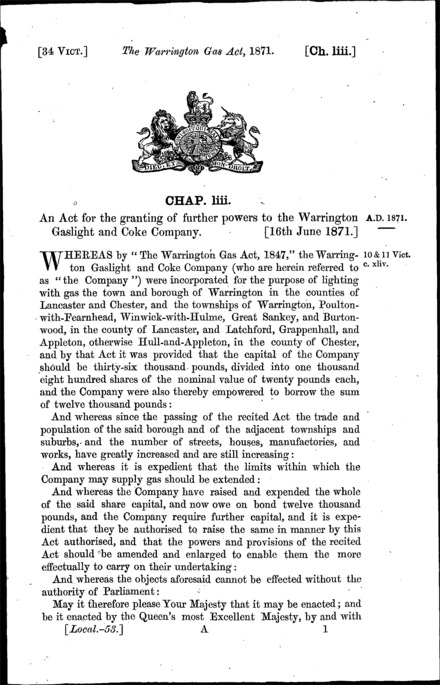 Warrington Gas Act 1871