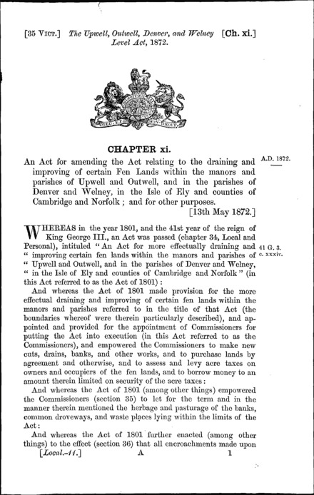 Upwell, Outwell, Denver and Welney Level Act 1872