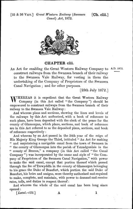 Great Western Railway (Swansea Canal) Act 1872