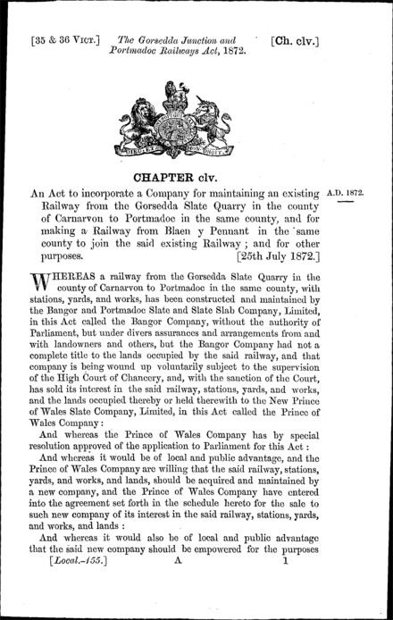 Gorsedda Junction and Portmadoc Railways Act 1872