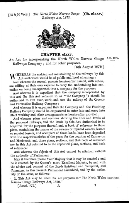 North Wales Narrow Gauge Railways Act 1872