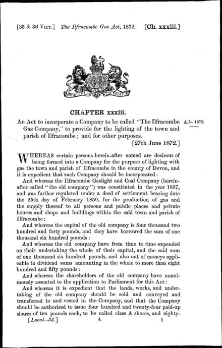 Ilfracombe Gas Act 1872