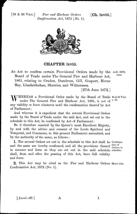 Pier and Harbour Orders Confirmation (No. 1) Act 1872