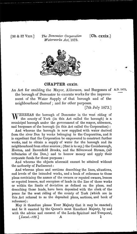 Doncaster Corporation Waterworks Act 1873