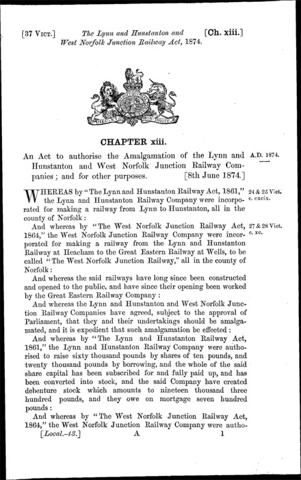 Lynn and Hunstanton and West Norfolk Junction Railway Act 1874