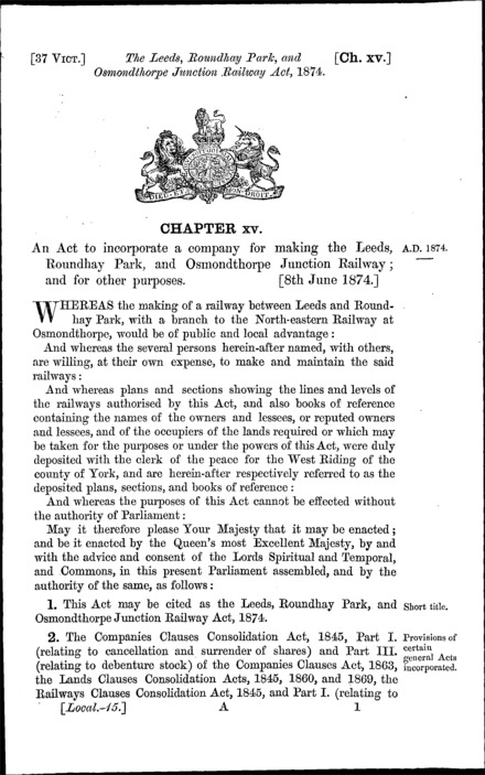 Leeds, Roundhay Park and Osmondthorpe Junction Railway Act 1874