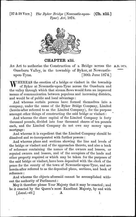Byker Bridge (Newcastle-upon-Tyne) Act 1874