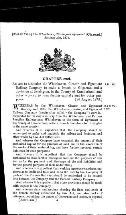 Whitehaven, Cleator and Egremont Railway Act 1875
