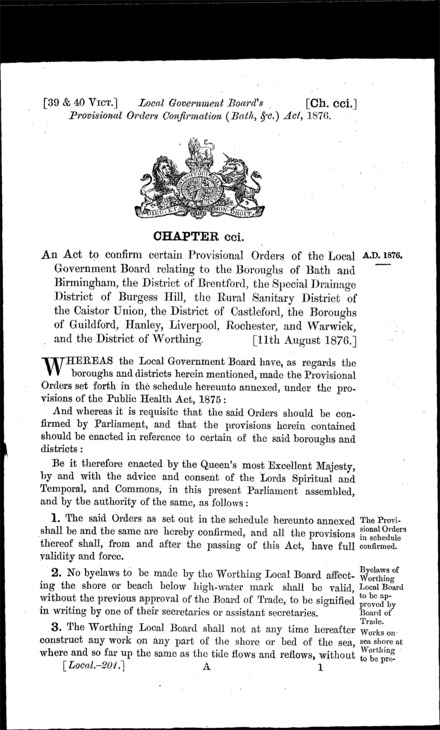 Local Government Board's Provisional Orders Confirmation (Bath, &c.) Act 1876