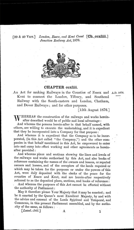 London, Essex and Kent Coast Junction Railway Act 1876