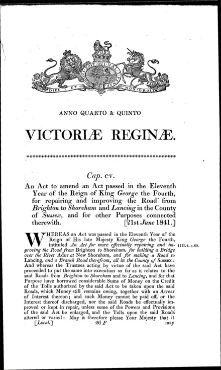 Brighton, Shoreham and Lancing Road and Adur Bridge Act 1841
