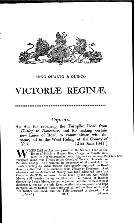 Tinsley and Doncaster Turnpike Road Act 1841