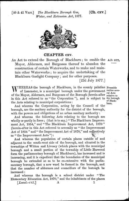Blackburn Borough Gas, Water and Extension Act 1877
