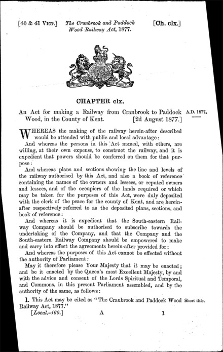 Cranbrook and Paddock Wood Railway Act 1877