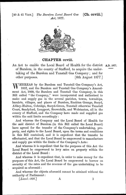 Burslem Local Board Gas Act 1877