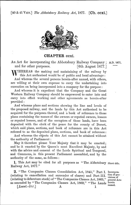 Abbotsbury Railway Act 1877