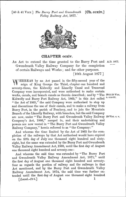 Burry Port and Gwendreath Valley Railway Act 1877